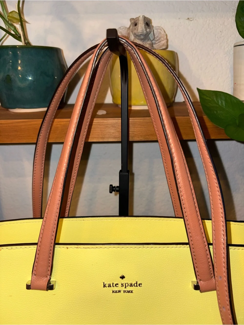 kate spade Yellow and White Colorblock Leather Tote with Brown Handles